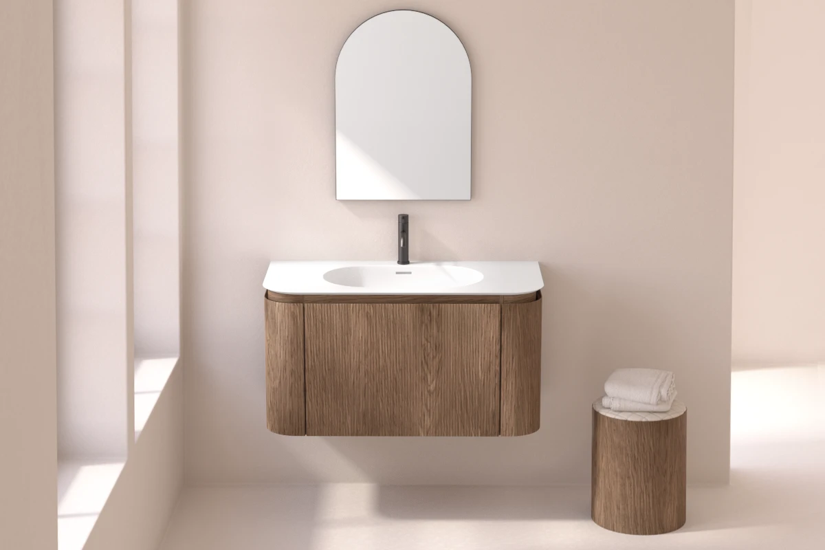 Meuble vasque suspendu cannelé 100 cm, noyer avec plan vasque en résine minérale, Grace